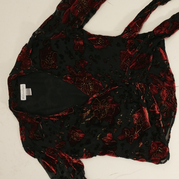 Holiday Wrap Blouse Silk Velvet Burnout Red Roses on Black Sexy Low V Sheer Sle - Picture 10 of 11